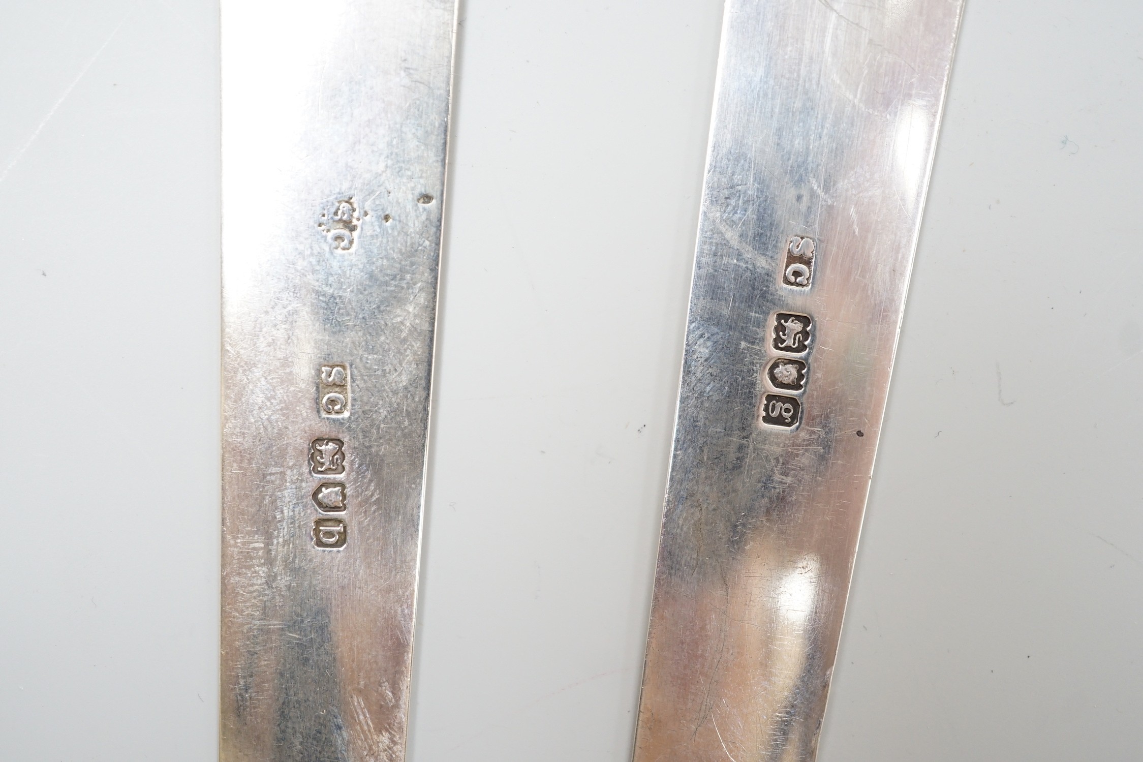 Two silver book marks by Stuart Clifford, London, 1897 and 1902, largest 17.9cm.